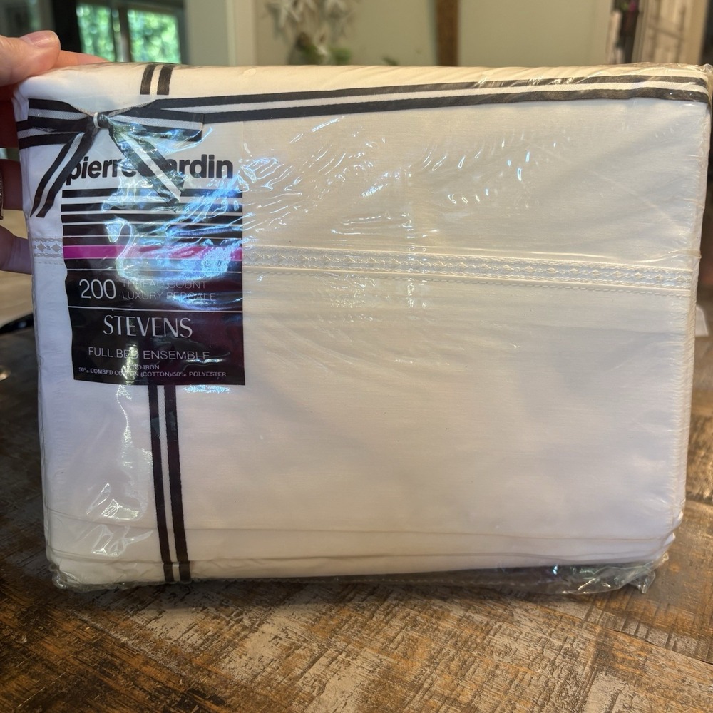 NEW VINTAGE PIERRE CARDIN PERCALE Ivory 4pc FULL BED Sheet Set 200ct USA MADE